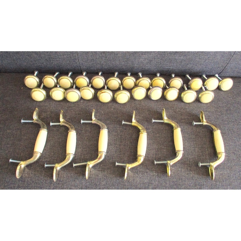 Vintage Brass Cream Ceramic Drawer Knobs Handles Set 24 Knobs 6 Pulls Taiwan